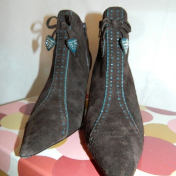 Richard Tyler Brown Suede Ankle Boots with Teal Detail, US Sz. 6 1/2 w/box - Picture 5 of 12